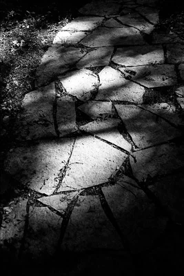 cracked concrete path with shadows and grass