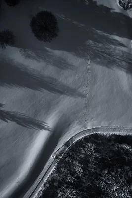 aerial view of snowy landscape with tracks