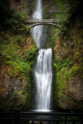 waterfall cascading beneath stone bridge through gorge