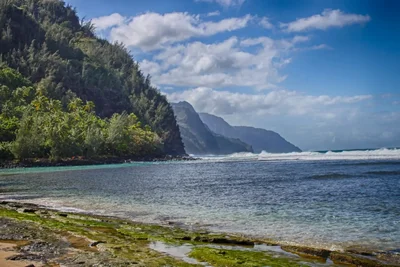 tropical coastline with mountains and turquoise water