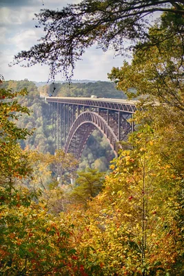 arch bridge framed by autumn foliage