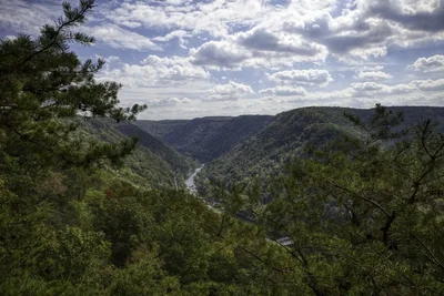 forested valley with river under dramatic sky