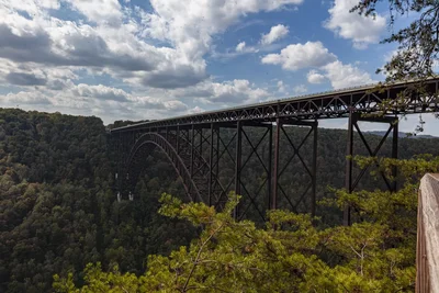 steel arch bridge spanning forested gorge