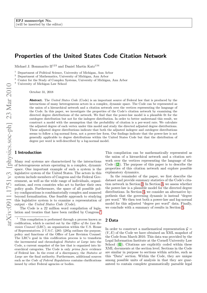 Thumbnail for Properties of the United States Code citation network