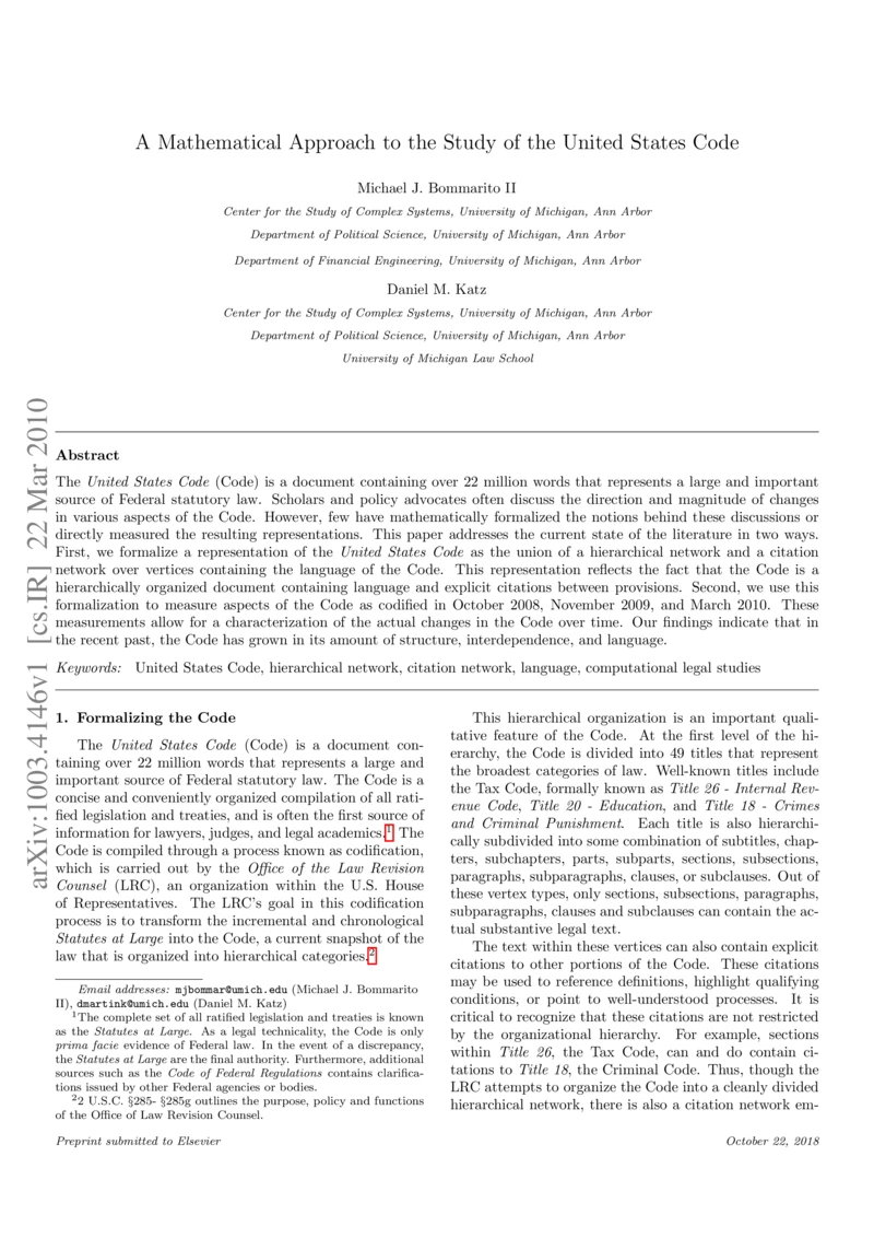 Thumbnail for A mathematical approach to the study of the United States Code