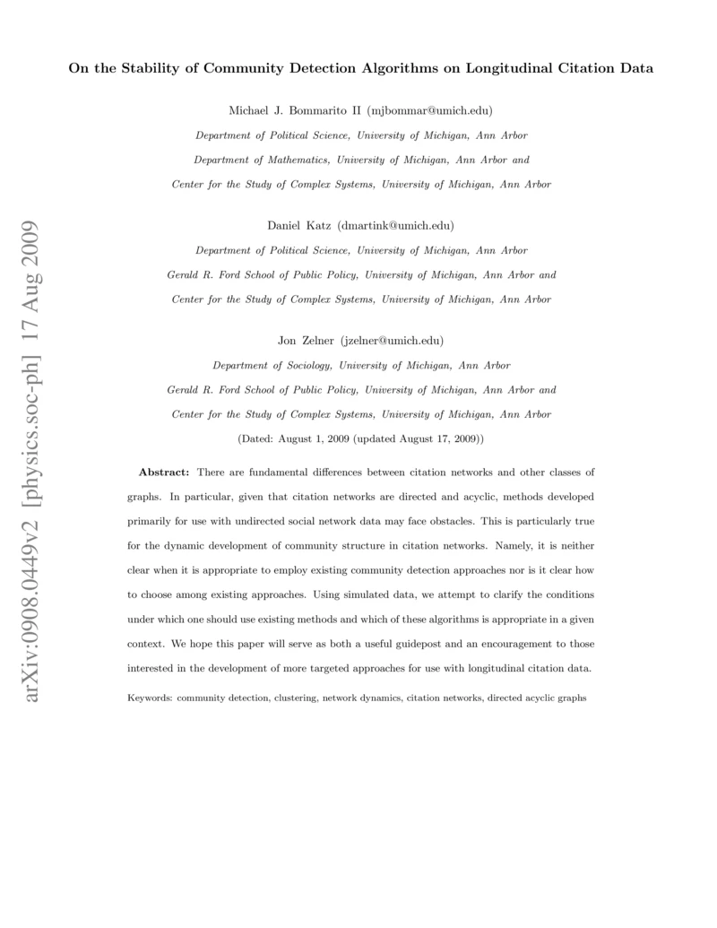 Thumbnail for On the stability of community detection algorithms on longitudinal citation data