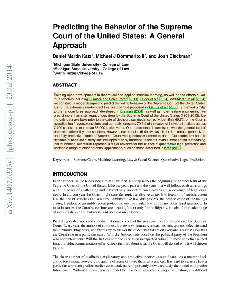 Thumbnail for A general approach for predicting the behavior of the Supreme Court of the United States