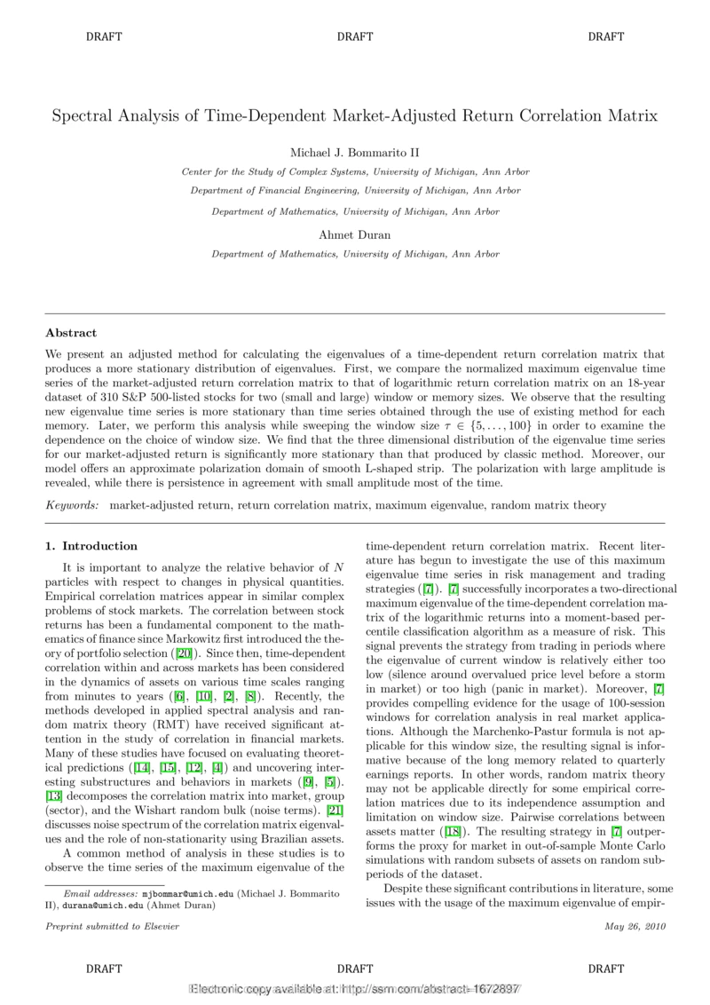 Thumbnail for Spectral analysis of time-dependent market-adjusted return correlation matrix