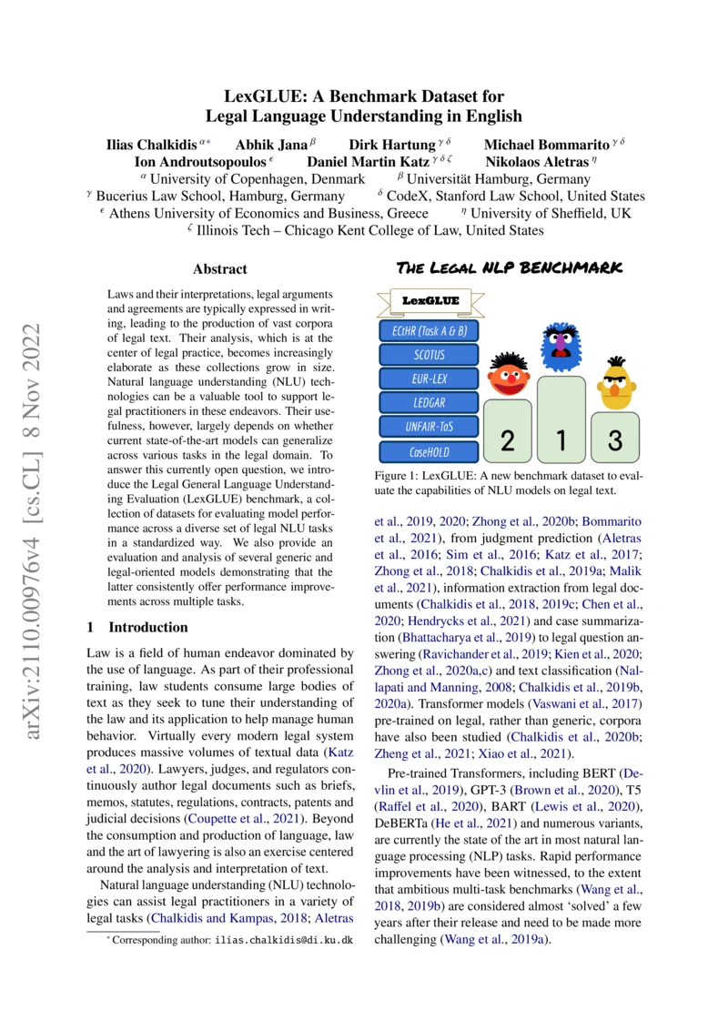 Thumbnail for LexGLUE: A benchmark dataset for legal language understanding in English