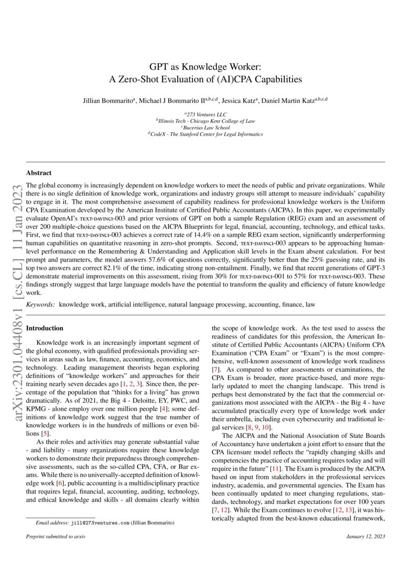 Thumbnail for GPT as knowledge worker: a zero-shot evaluation of (AI) CPA capabilities