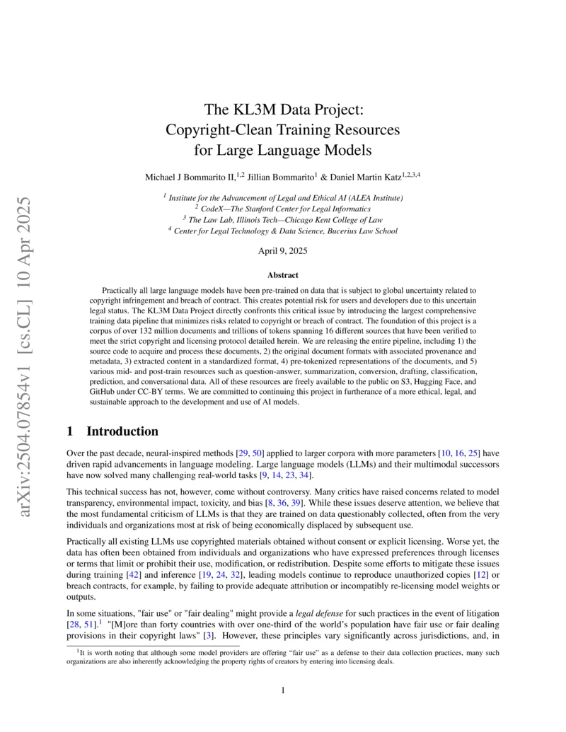 Thumbnail for The KL3M Data Project: Copyright-Clean Training Resources for Large Language Models