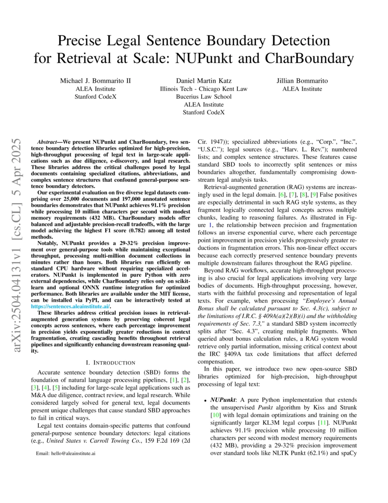 Thumbnail for Precise Legal Sentence Boundary Detection for Retrieval at Scale: NUPunkt and CharBoundary