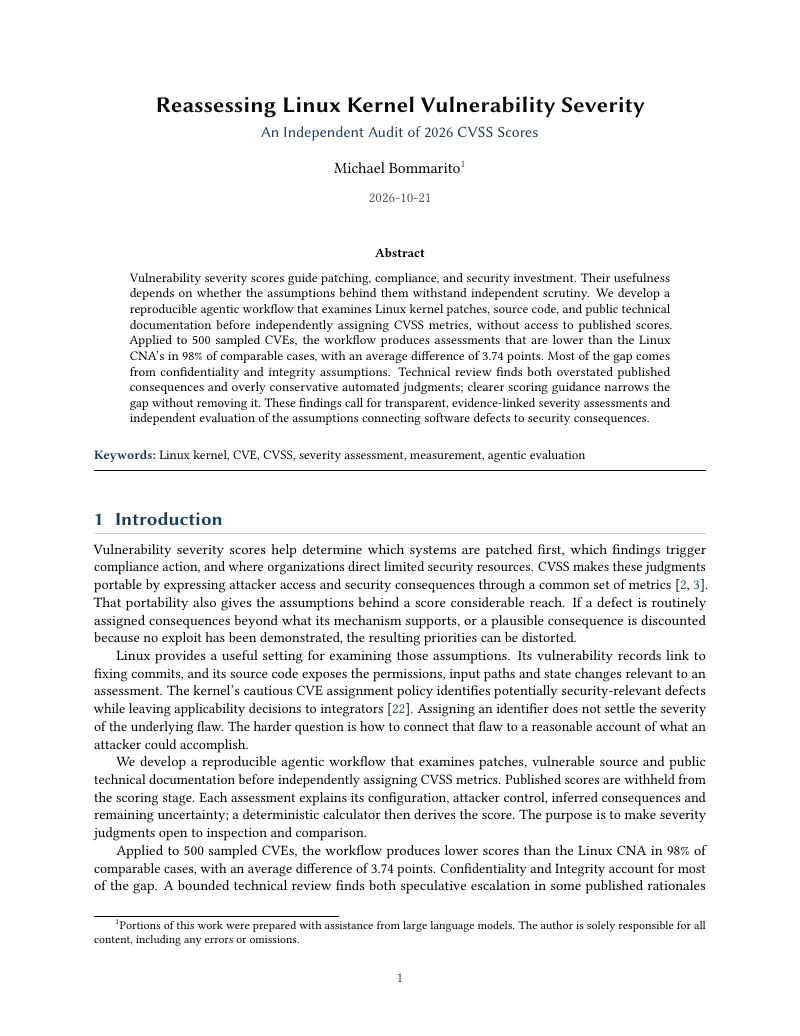 First page of Reassessing Linux Kernel Vulnerability Severity: An Independent Audit of 2026 CVSS Scores