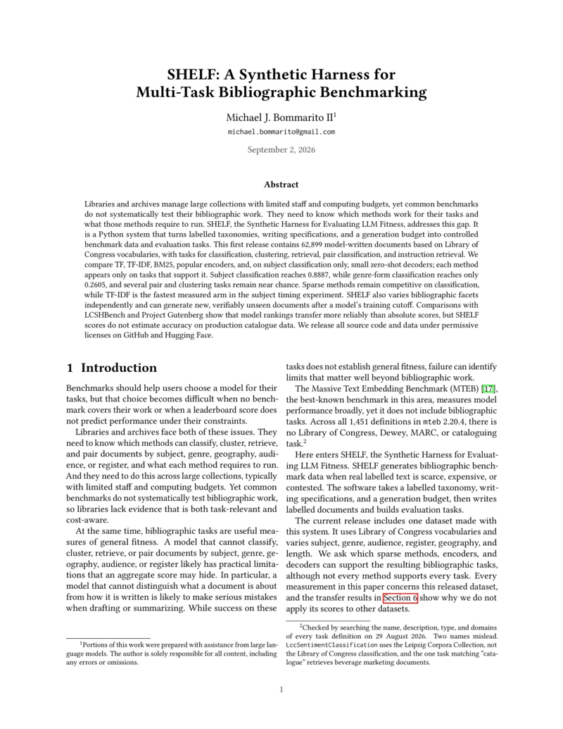 First page of SHELF: A Synthetic Harness for Multi-Task Bibliographic Benchmarking